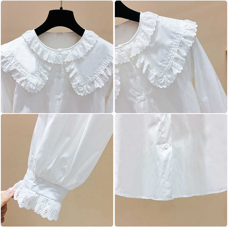 Sweet Lace Peter Pan Collar Loose Full Solid Shirt with Bottom Coat Flare Sleeve Blouse Women 210615