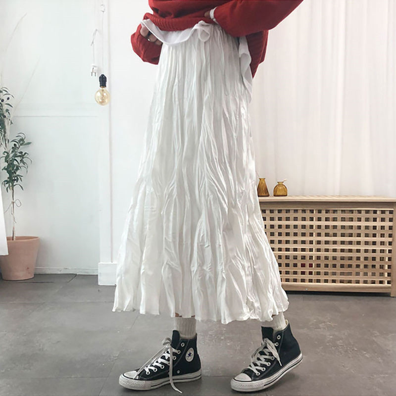Summer Solid White Black gothic pleated skirts womens harajuku high waist long skirt plus size satin midi skirt streetwear 210306