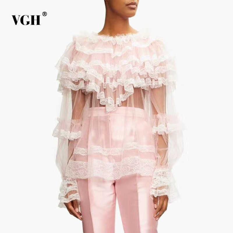 Patchwork Mesh Shirt For Women O Neck Flare Sleeve Lace Hollow Out Perspective Elegant Blouse Female Fashion Style 210531
