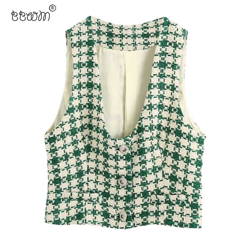 BBWM Women Fashion Button-up Tweed Cropped Vests Coat Vintage Chic V Neck Long Sleeve Outerwear 211120