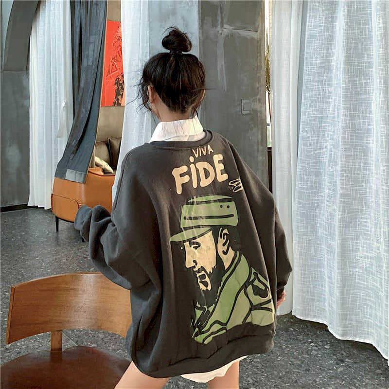 Plus Size Women's Sweatshirt Comic Print Korean Version Loose Belly Covering Velvet Thick Oversize Personality O-neck top 210526