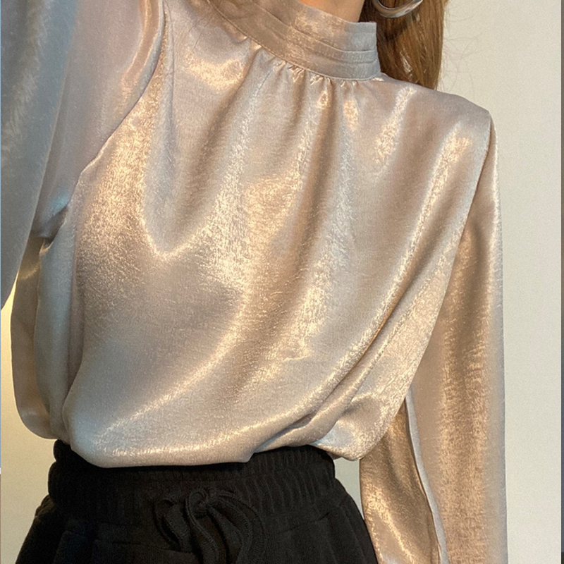 Elegant Fashion Women Satin Blouse Puff Sleeve Satand Collar Korean Long Sleeve Shirt Office Lady Spring Blouses Blusas 12944 210225