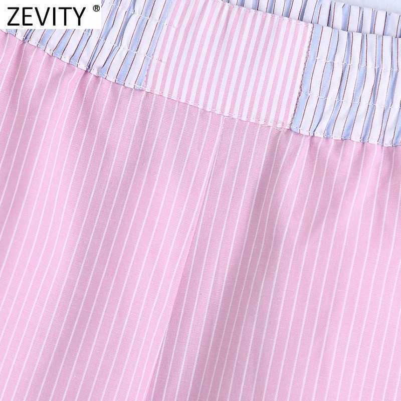 Zevity Women Fashion Patchwork Striped Print Casual Summer Shorts Ladies Chic Elastic Waist Pink Color Pantalone Cortos P1029 210603
