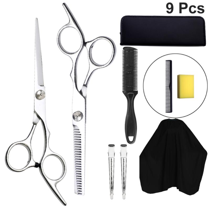 Hair Scissors 9PCS Assorted Hairdressing Tools Cutting Combs Clips Cape Kit Salon For Home Barber Shop