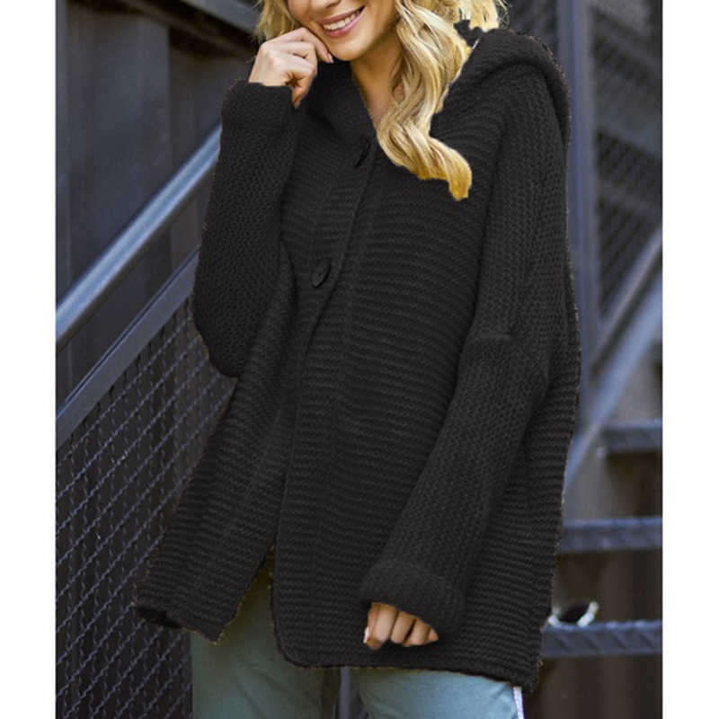 Fall Fashionable Sweaters Female Cardigan Single Breasted Hooded Black Knitted Ladies Casual Loose Winter Women Sweater 210604