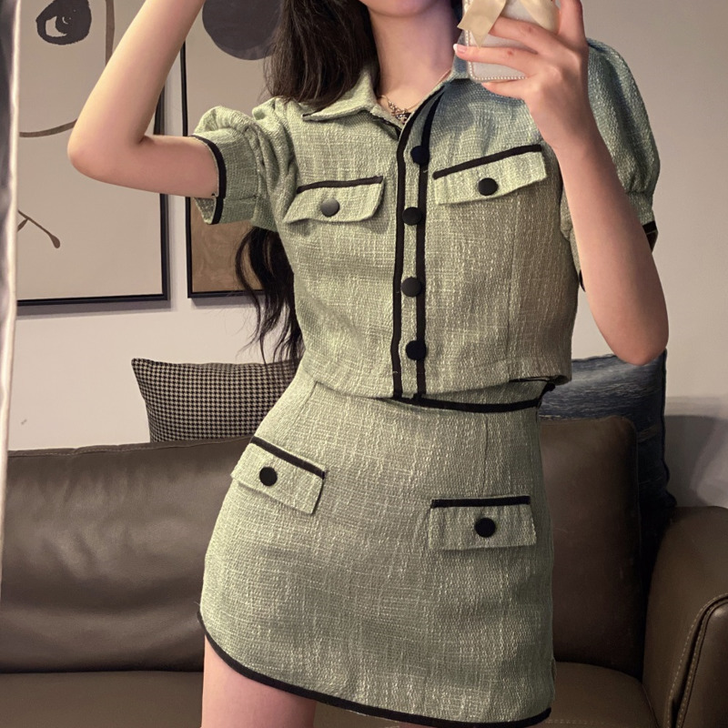 Deux pièces Robe Petit parfum Coréen Fashion Casual Trois costumes Femmes Crop Top Court Jacket Manteau + Vest Mini Jupe Ensemble Vert 3PC