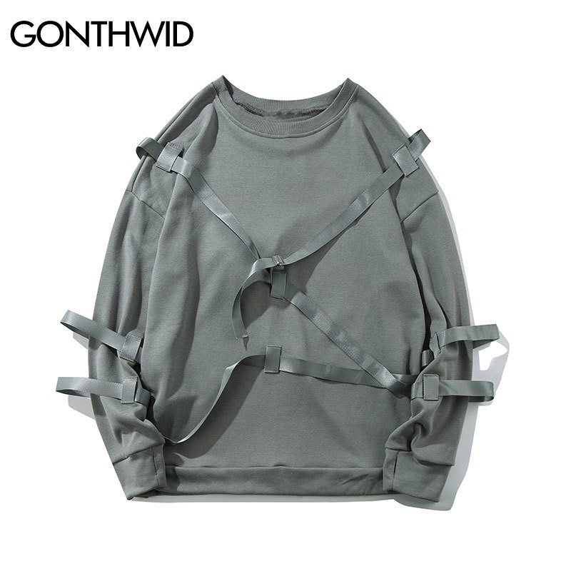 GONTHWID Ribbons Pullover Sweatshirts Hoodies Streetwear Men Hip Hop Punk Rock Solid Color Tops Hipster Fashion Casual Hoodie 201020