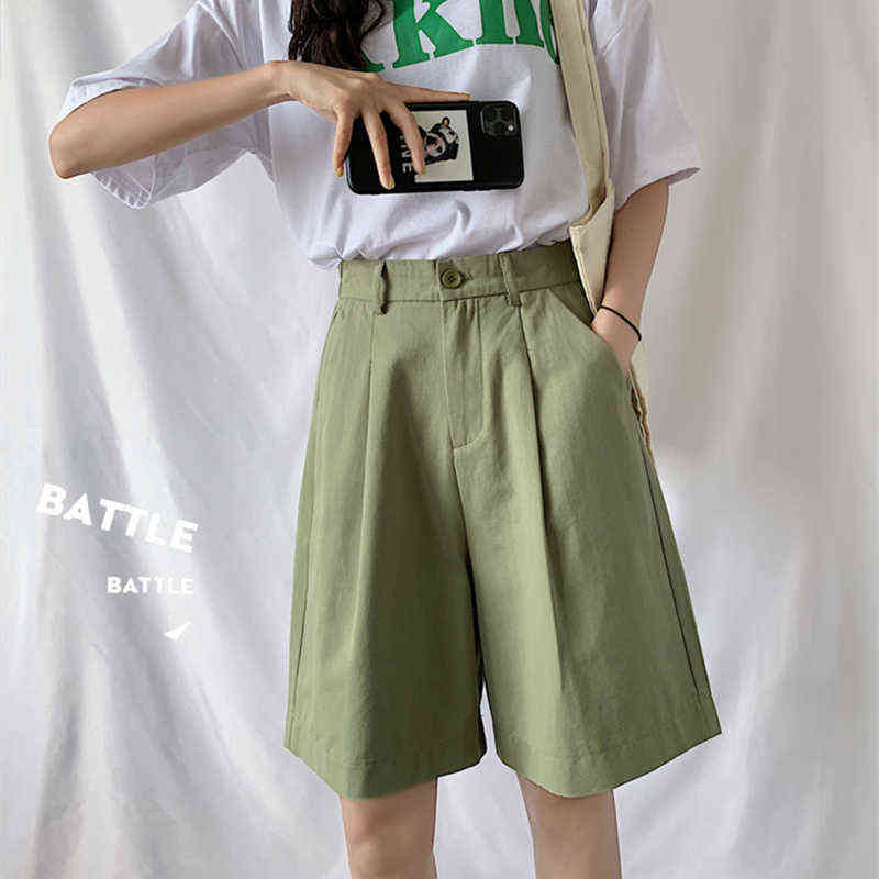 Seoulish Summer Women Casual Cargo Half Pants with Belted High Waist Chic Wide Leg Pant Elegant Loose Trousers Pocket 211115