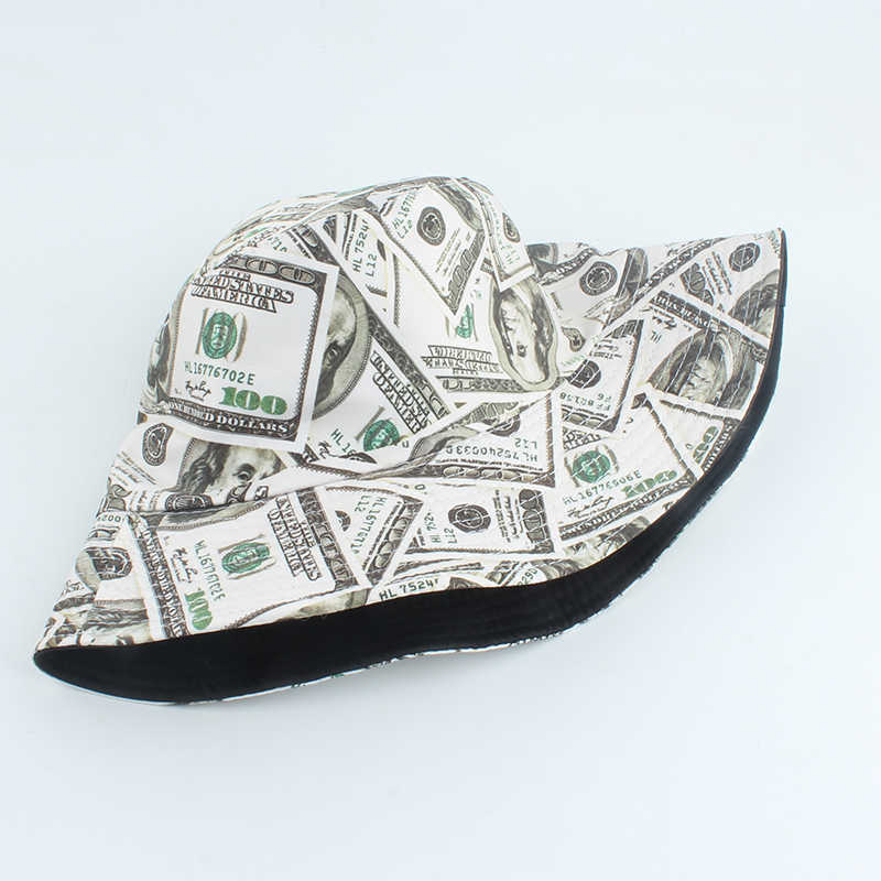 New Dollar Print Fishing Cap Bob Chapeau Femme Reversible Bucket Hat Men Fishing Bucket Hats for Women Harajuku Hip Hop Gorro Q0805
