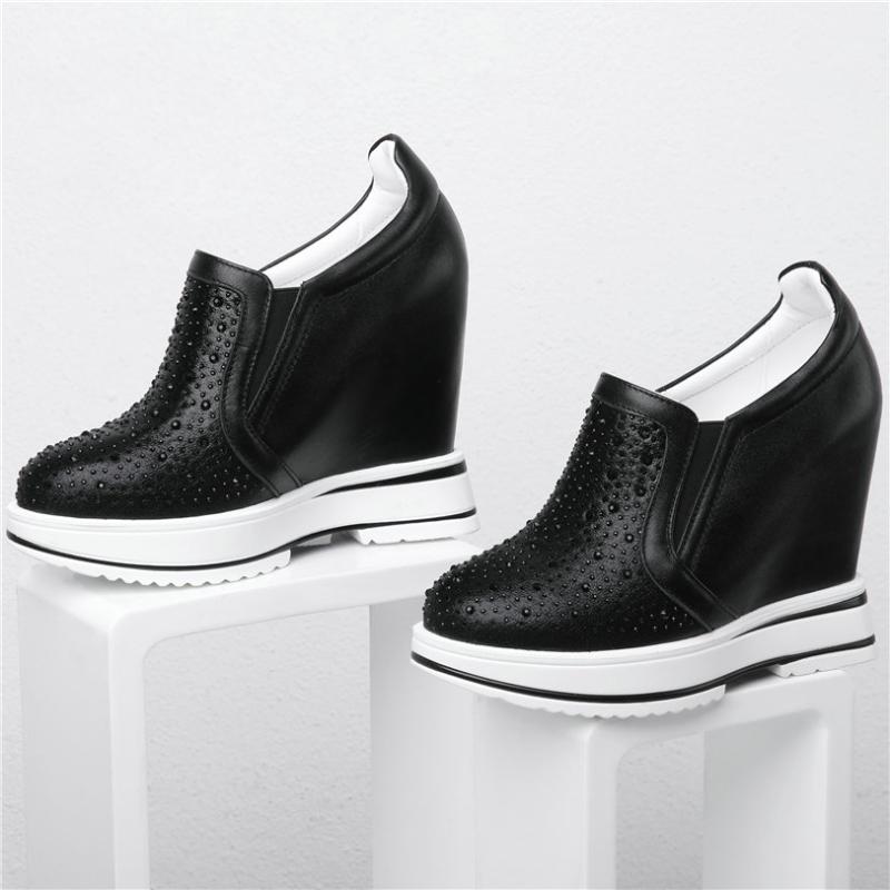 Dress Shoes Casual Women Genuine Leather Wedges High Heel Platform Pumps Female Round Toe Fashion Sneakers Rhinestones Trainers