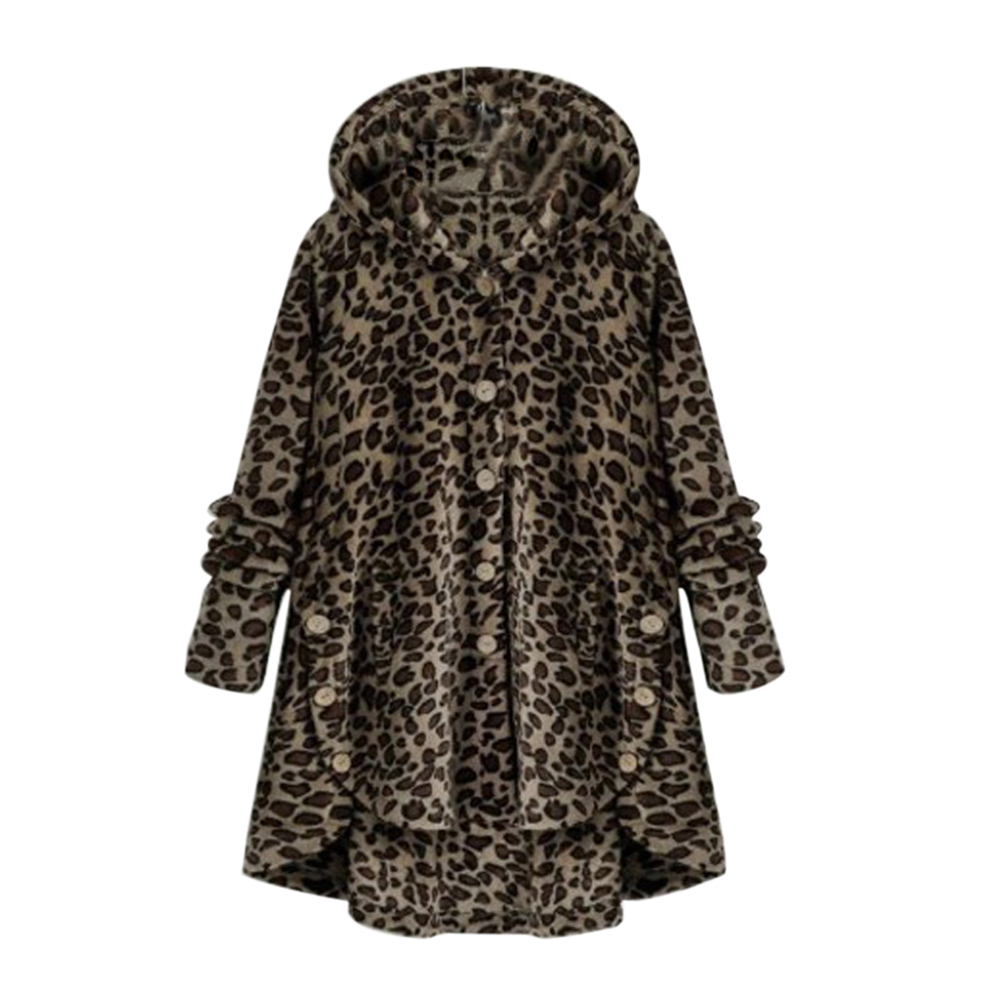 Winter Leopard Coat Fashion Women Button Solid Color Hooded Jacket Teddy Coat Ladies Winter Warm Coat Casual Hoodies 201019
