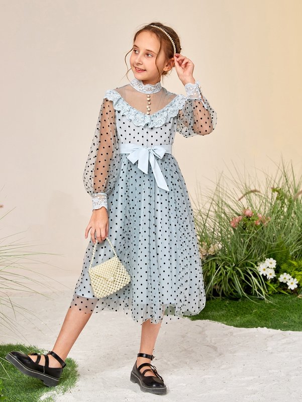 Girls Dobby Mesh Lace Ruffle Trim Belted Dress SHE