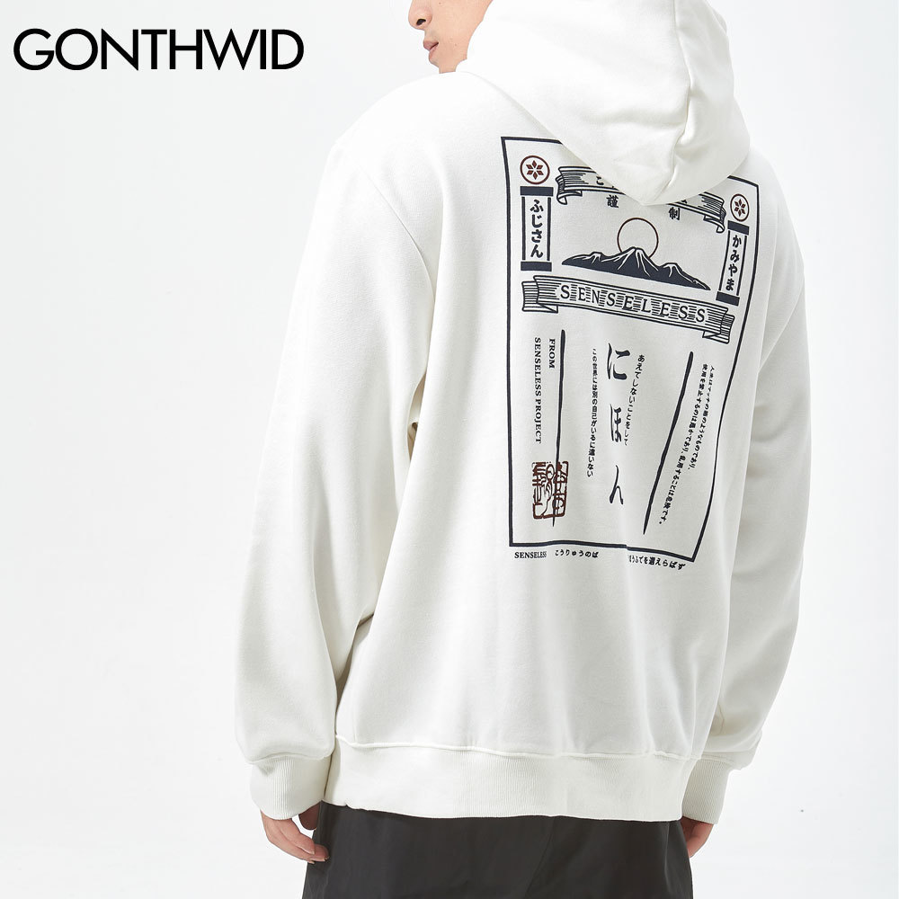 GONTHWID Harajuku Japanese Style Vintage Poster Print Fleece Hoodies Sweatshirts Streetwear Mens Hip Hop Casual Hooded Tops 201128