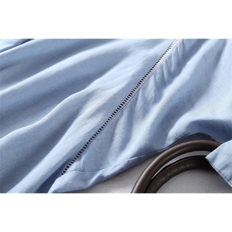 SuyaDream Women Fall blouse 50%Cotton 50%Linen 3/4 sleeved White blouses Office lady shirt Fall Winter Light Blue 210225