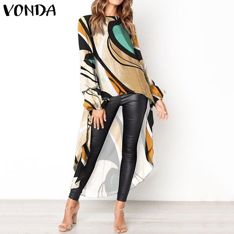 Plus Size Women's Summer Blouse VONDA Bohemian Printed Top Irregular Hem Shirt Female O Neck Casual Tunic Long Sleeve Blusa T200502