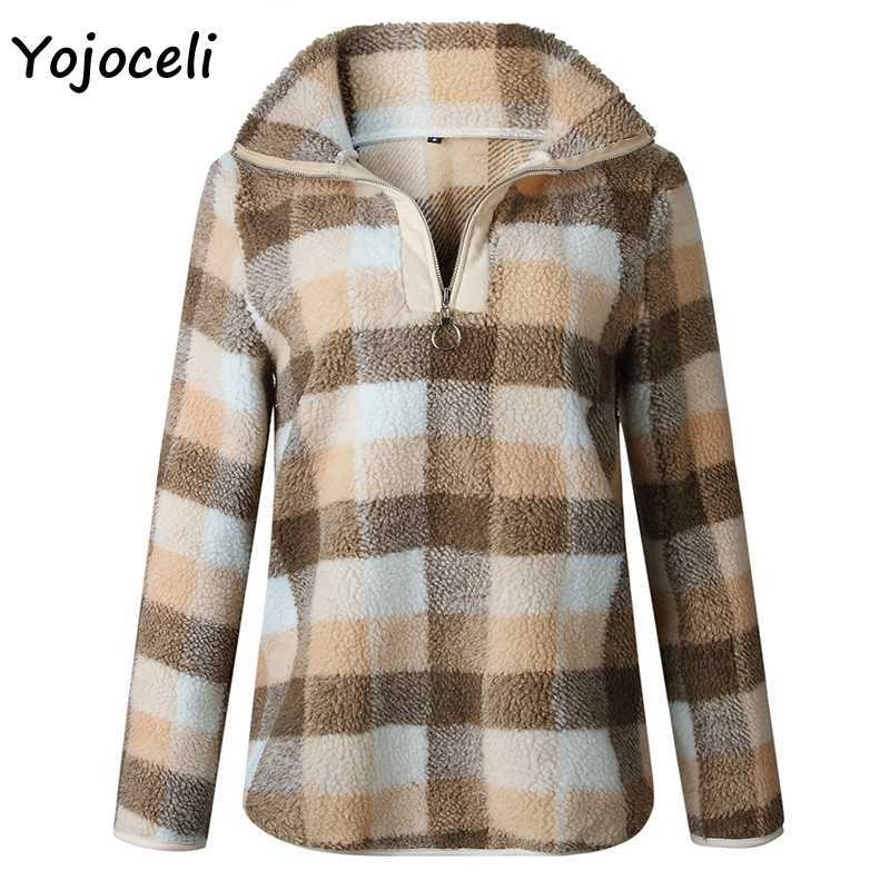 Yojoceli winter warm fleece sweatshirt streetwear women pullovers loose style plaid sweater 210609