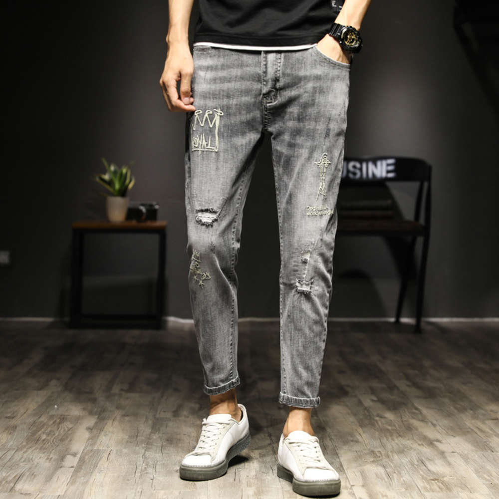 Summer new grey elastic small Harlan jeans Capris youth slim embroidery hole Leggings men's pants, Blue
Summer new grey elastic small Harlan jeans Capris youth slim embroidery hole Leggings men's pants, Blue