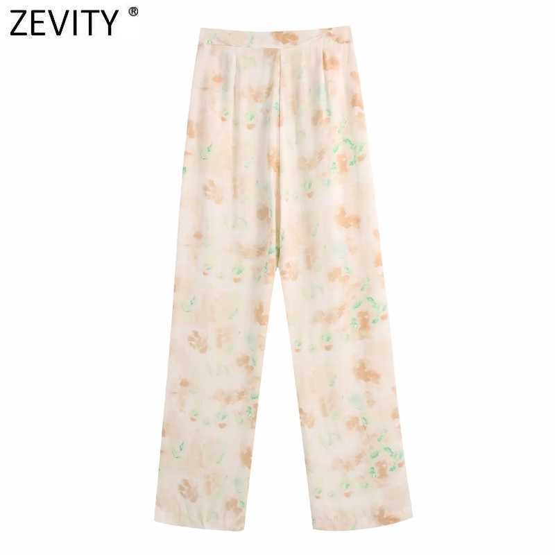 Zevity Women Vintage Tie Dyed Print Casual Straight Pants Retro Female Chic Color Match Side Zipper Pockets Long Trousers P1110 210603