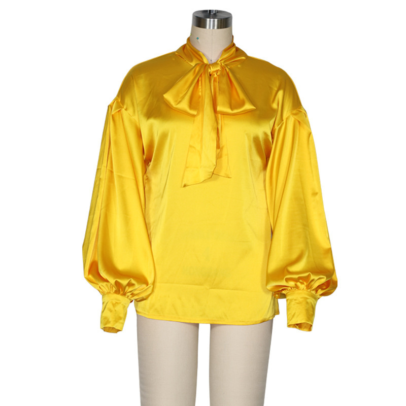 Women Blouse Puff Sleeve Bow Tie Shirts Long Vintage Ladies Tops Temperament Satin White Autumn 210524