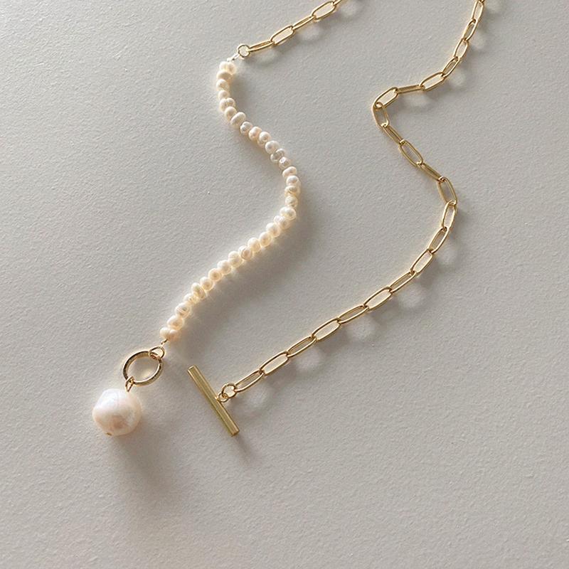 Chokers Elegant Natural Freshwater Pearl Necklace For Women Gold Chunky Link Chain Asymmetry Toggle Clasp Circle