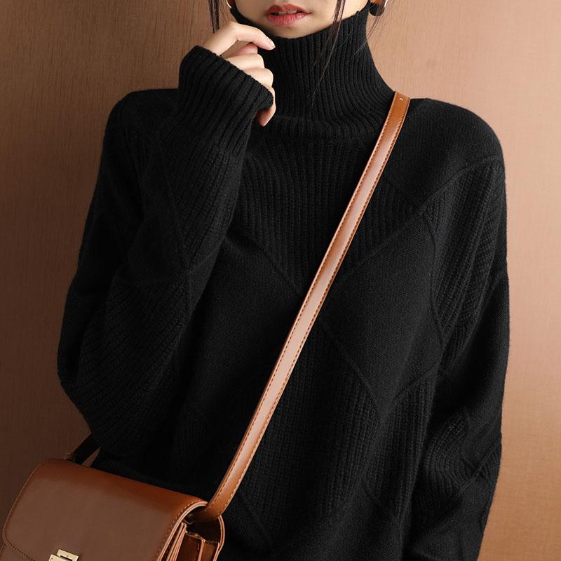 Cashmere Sweater Women Turtleneck Pure Color Knitted Pullover 100% Wool Loose Large Size Spring/Autumn B4