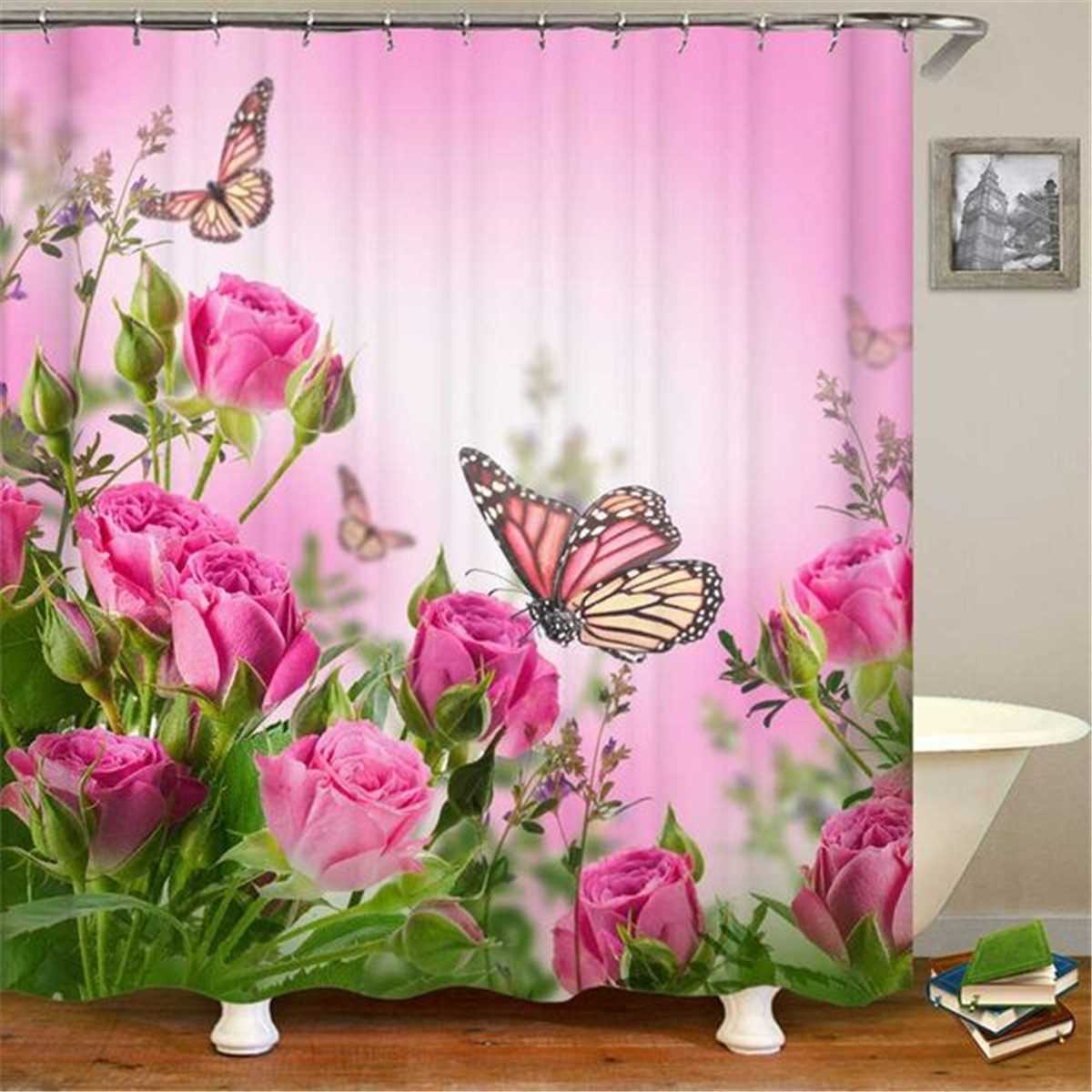 Flower Butterfly Printed Shower Curtains Bathroom Curtain Pink Rose Bathroom Set Toilet Seat Cover Rugs Non-slip Bath Mat 210609