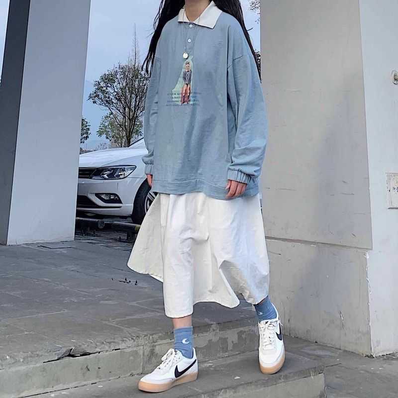 SS streetwear suits women's Korean Japan Kawaii long-sleeved funny print polo shirt and white skirt hip hop two-piece sets 210526