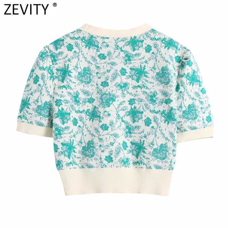 Zevity Women Fashion V Neck Floral Print Jacquard Short Knitted Sweater Female Chic Puff Sleeve Cardigans Crop Tops SW837 210918