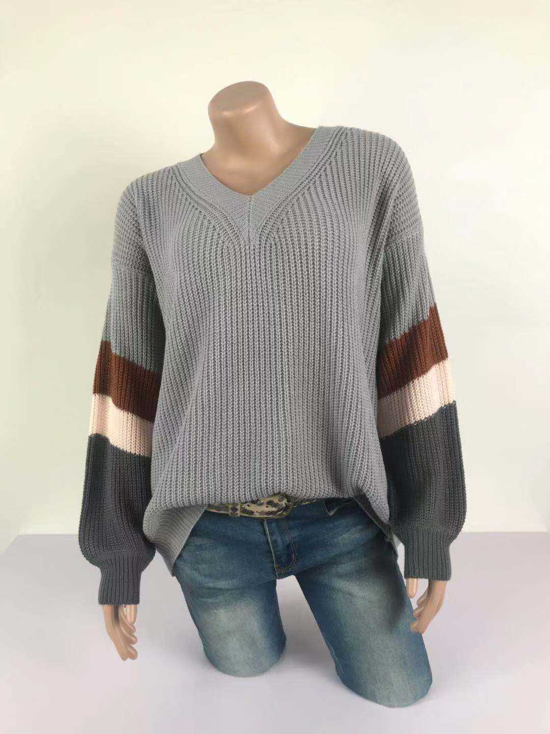 V Neck Striped Patchwork Sleeve Knit Sweater Women Loose Pullover Fall Sweaters and Pullovers Fashion 210914
