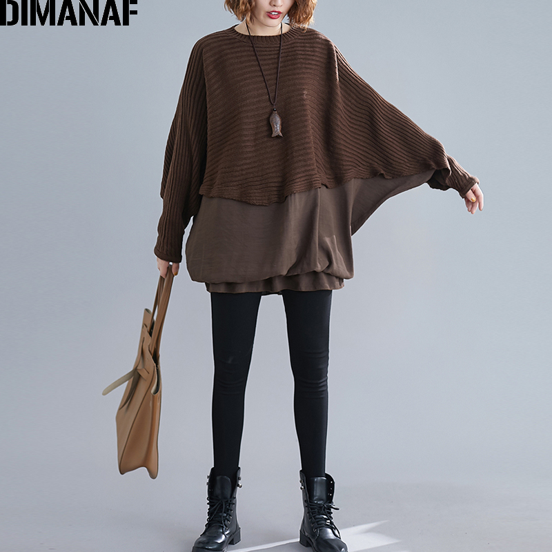 DIMANAF Oversize Autumn Women Sweater Knitting Pullovers Tops Plus Size Female Lady Fashion Casual Batwing Sleeve Basic Clothing 201017