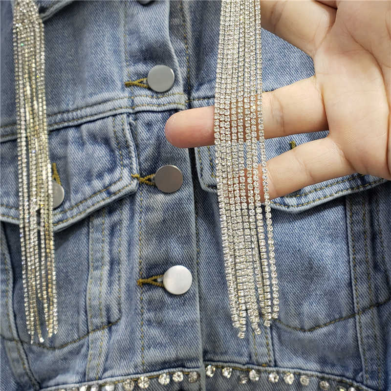 DEAT Women Diamonds Chain Denim Coat Arrivals Lapel Long Sleeve Fashion Temperament Spring Sautumn 11D1990 210709