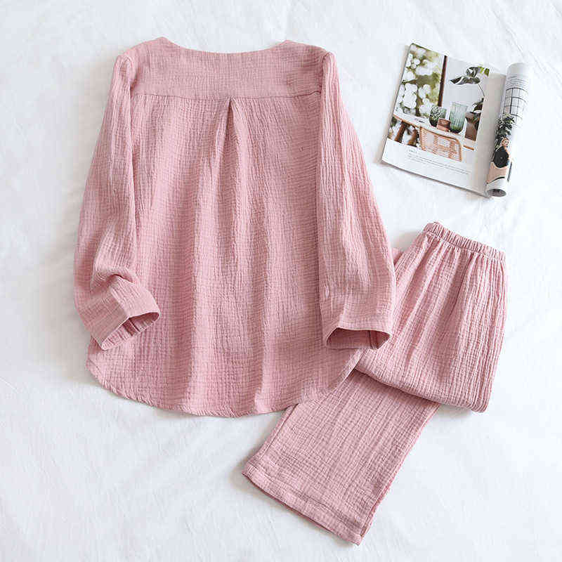 Japanese Simple Spring And Autumn Ladies Pajamas Two-piece Long-sleeved Trousers 100% Cotton Crepe Round Neck Home Service Set 211118