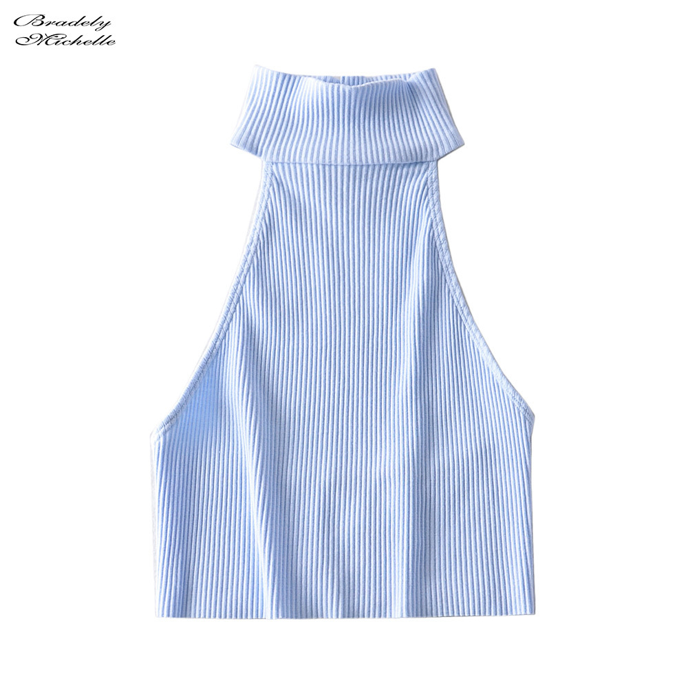 Summer Women Sexy Knitted Cotton off shoulder sleeveless CropTops bodycon Ribbed Halter Tanks 210308