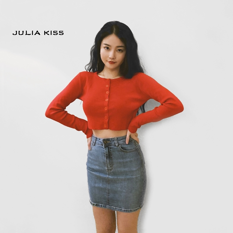 Women Lightweight Knit Button Up Crop Cardigan O Neck Matching Buttons Sweater Crop Knitting Top T200319