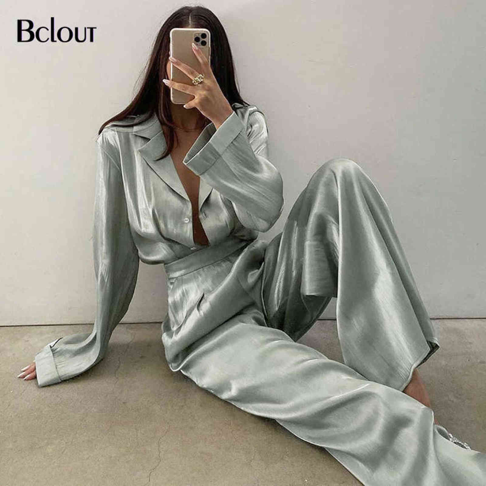 Bclout Green Vintage Two Piece Sets Women Autumn Of Elegant Woman Long Sleeve Top And High Waist Pants 2 Set Female 211105