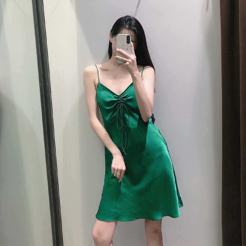 Summer Women Sling Dress elegant Chic lady Casual Fashion Woman Green Short Corset Lace Up dress 210709