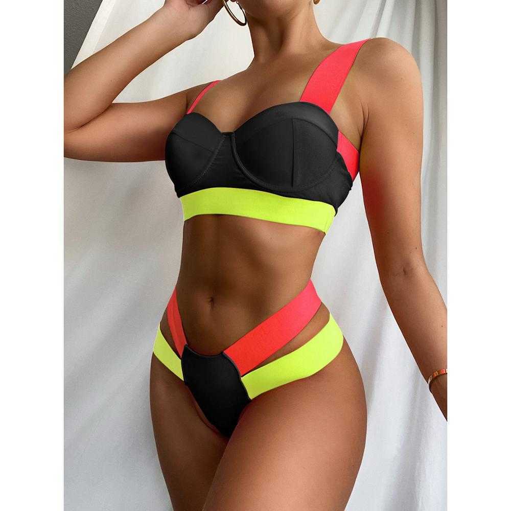 Sexy High Waist Bikini Women Swimsuit Arrival Swimwear Hollow Out Print Striped Bathing Suit Beachwear Biquini Female 210625