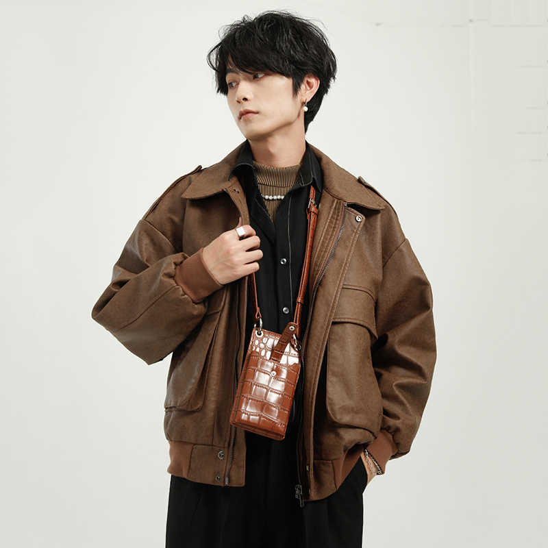 IEFB Men's Autumn Winter Locomotive Leather Waterproof Motorcycle Jacket Black Short Style Zip Up Jackets Lapel 9Y8566 211018