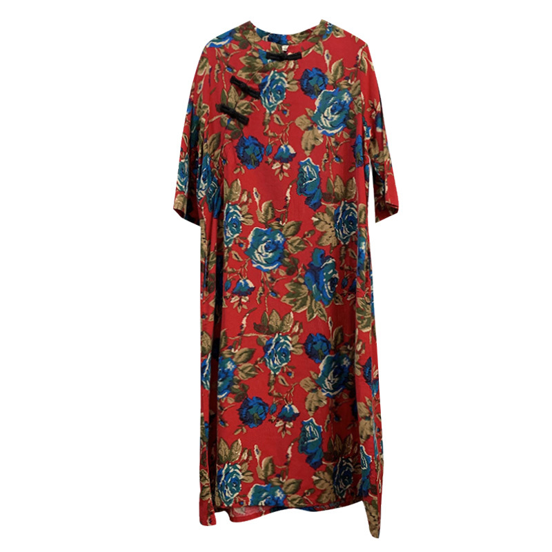 Ethnic women's long cotton and linen large color loose size dress Chinese retro diagonal buckle tea clothing autumn 210309