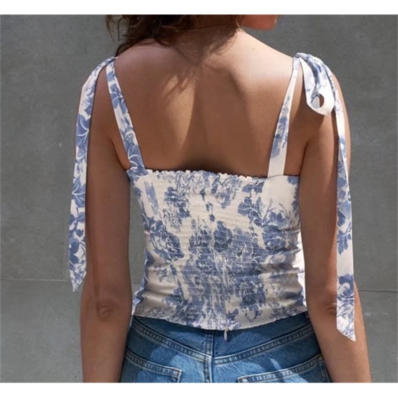 Tie Bow Strap Blue White Floral Print Camis Women Summer Ruched Short Tank Tops Retro Cool Girl Sexy Slim Crop Top Tees 210625