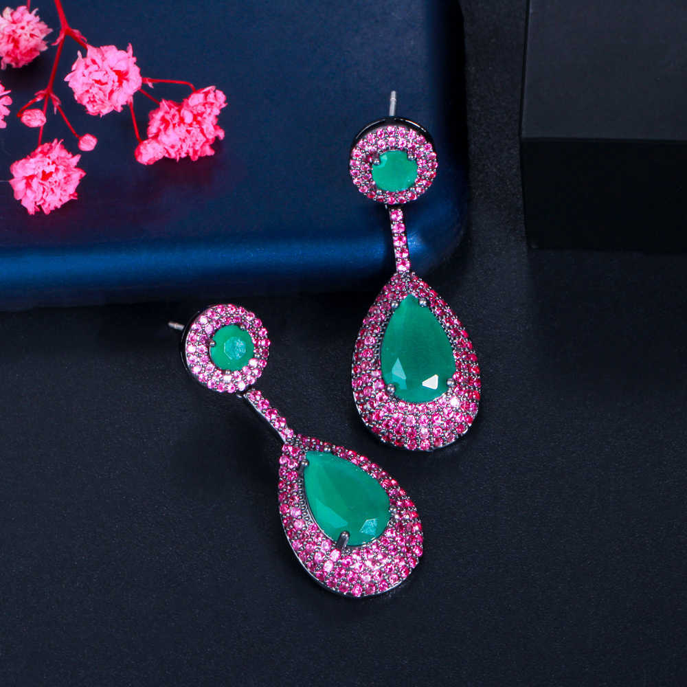 CWWZircons Micro Pave Pink Cubic Zirconia Green Emerald Dangle Water Drop Silver Engagement Party Earring for Women CZ868 210624