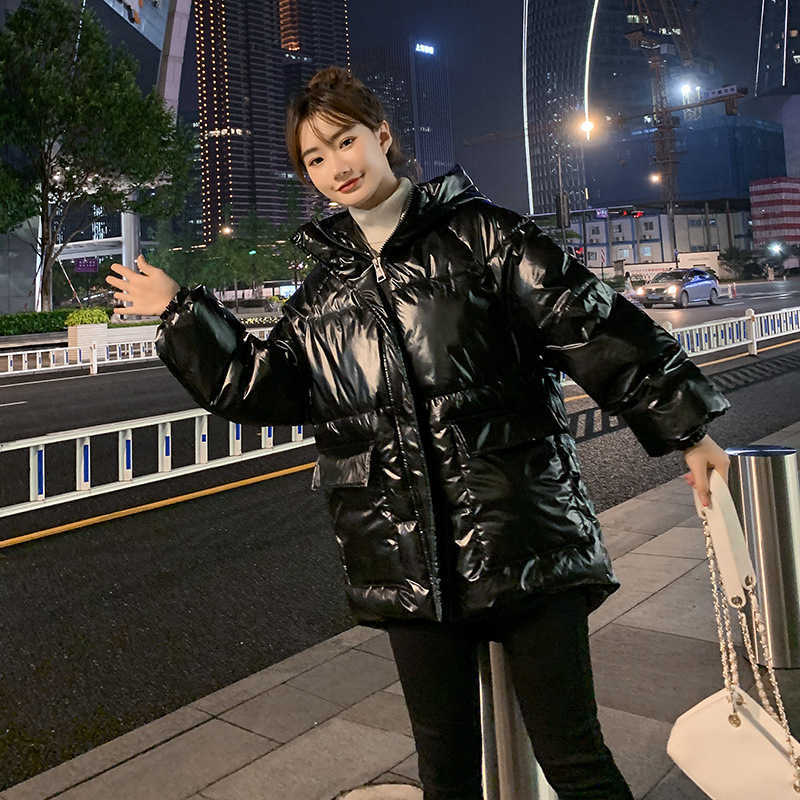 LY VAREY LIN Winter Sweet Glossy Cotton Coat Women Stand Collar Candy Big Pocket Long Sleeve Solid Loose Padded Jackets 210526