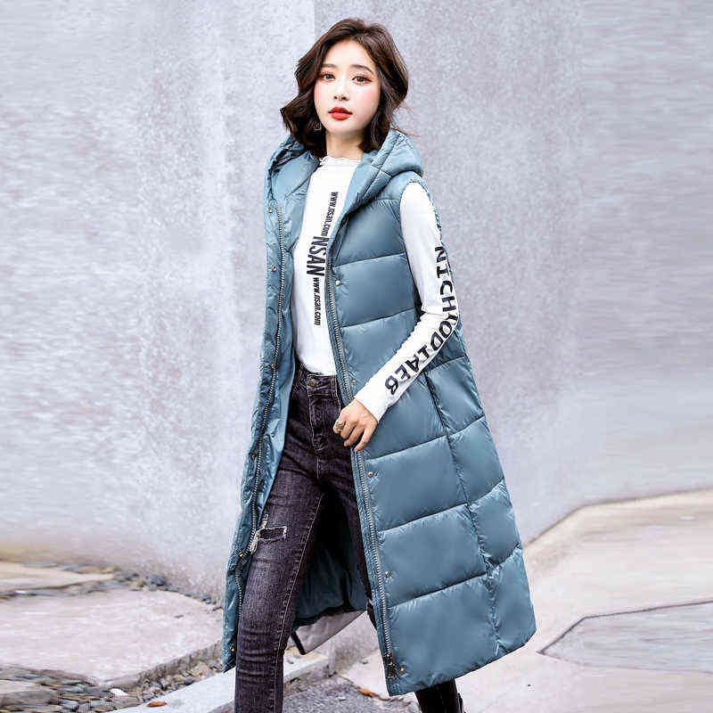 Hooded Solid Winter X-Long Thick Vest Jacket for Women Casual Loose Down Cotton Waistcoat Quilted Zipper Sleeveless 211120