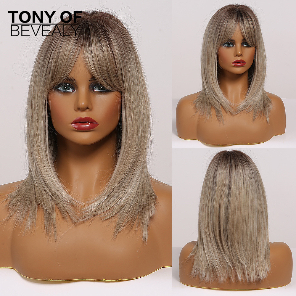 Synthetic Length Ombre Brown to Blonde Straight Hair Wigs with Bangs Synthetic Wigs for Women Cosplay Heat Resistant Natural Wigs