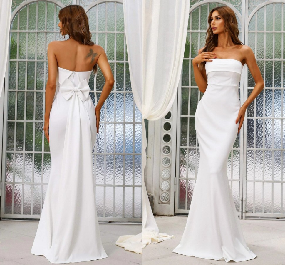 New Strapless Mermaid Wedding Dress 2022 Simple Soft Satin Summer Backless Bridal Party Gowns Bow Back robe de mariage vestidos