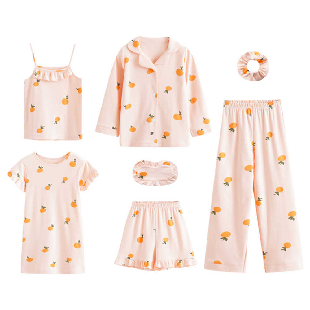 Mudkingdom Girls' Spring And Autumn Lovely Cotton Pajamas Set Suspender Shirt 7 Piece Homewear 210615