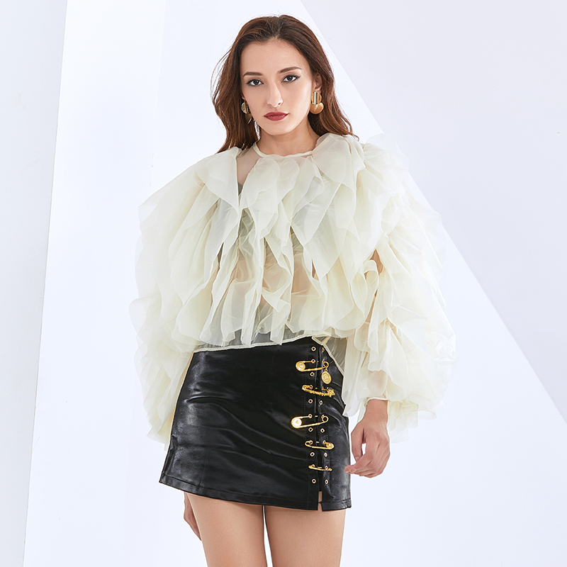 TWOTWINSTYLE Patchwork Ruched Shirt For Women O Neck Lantern Sleeve Casual Elegant Black Blouse Female Fashion New Clothing 210225