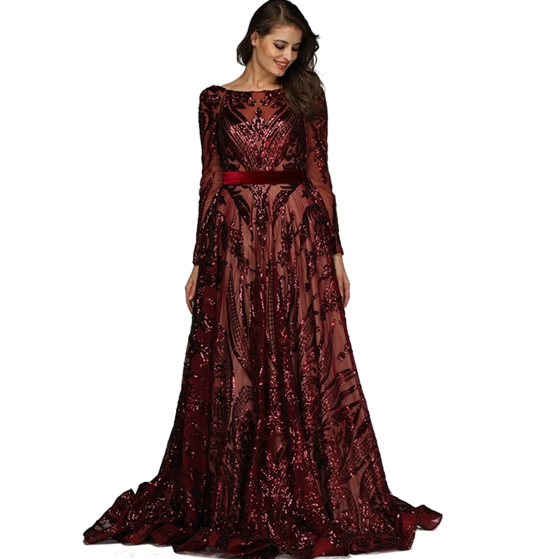 Bury Glitter Sequined Evening Dresses A Line Arabic Dubai Moroccan Kaftan Women Formal Party Gowns Long Sleeves Prom Dress Special Ocn