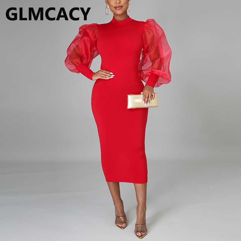 Women Mesh Lantern Sleeve Slim Midi Dress Elegant Bodycon Evening Party Long Robes Dresses 210702