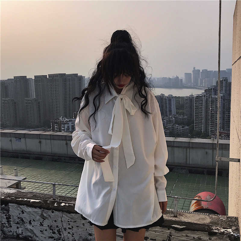 Autumn Retro Bow Tie Solid Full Shirt Loose Casual Women Blouses 210615Z